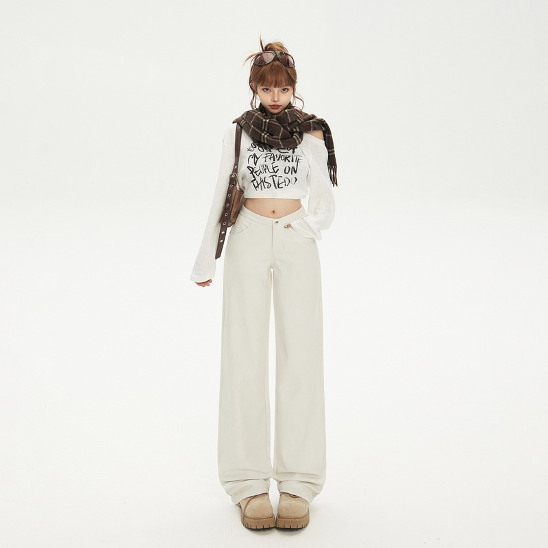 American Hot Girl Fashion Simple Trendy Casual Pants for Women Autumn New Versatile Comfortable Low-Waist Loose Straight Leather Pants