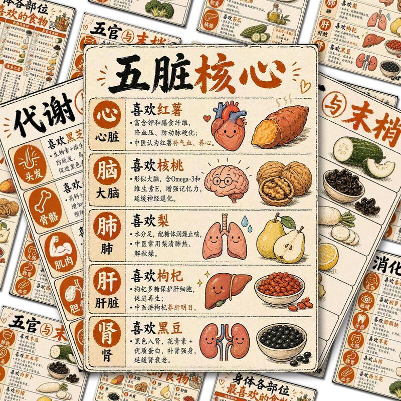 Traditional Chinese Medicine Health Diet Therapy and Wellness: Sticker with a List of Preferred Foods for Each Body Part, for Internal and External Health Maintenance, Healthy Eating Stickers