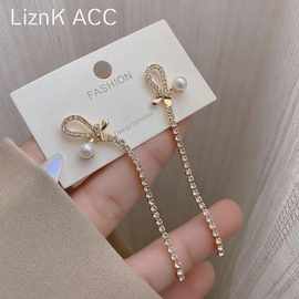 S925银针珍珠流苏蝴蝶结耳环2021年新款潮复古港风小众设计感耳针