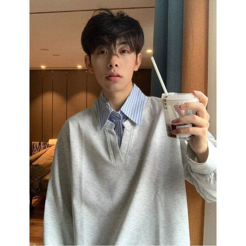 灰色假两件美式复古POLO衫男款春秋小众拼接条纹内搭翻领长袖T恤|undefined