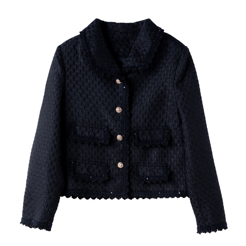 Black Chanel style tweed coat for women Spring and Autumn New retro small short top baseball uniform jacket Black Chanel style tweed coat for women Spring and Autumn New retro small short top baseball uniform jacket