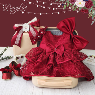 Baby Festive Red Dress Dress Children Baby Princess Lace Rose Gift Box One Year Birthday Party Gift