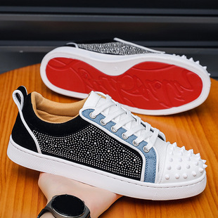 Men's Cl Red-Soled Casual Shoes with Cross-Border Rivets and Rhinestones, Nightclub Internet Celebrity Men's Shoes, Color-Blocking Hip-Hop Sneakers