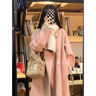 Pink Double-Sided Cashmere Coat Women's 2025 Autumn and Winter New Korean Style Loose Mid-Long Hepburn Style Wool Coat