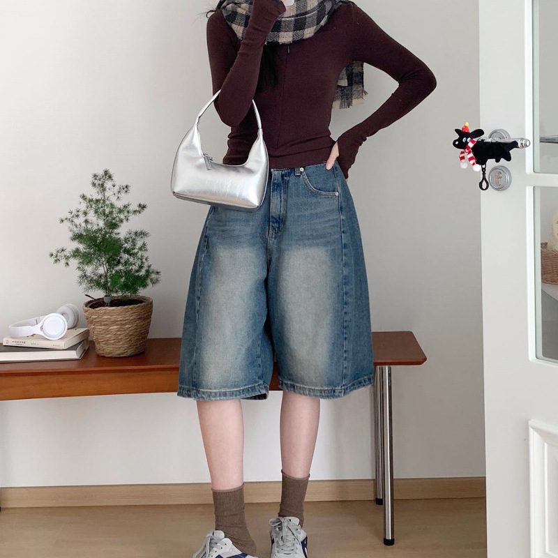 Korean Style Boyfriend Fashion Washed Denim Mid-Length High-Waisted Loose Versatile Wide-Leg Scimitar Denim Shorts Ins