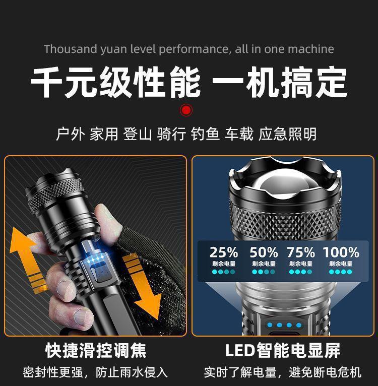 Cross-Border Laser Cannon Strong Light Flashlight with Digital Display, Hidden Charging, Waterproof, Telescopic Zoom Flashlight
