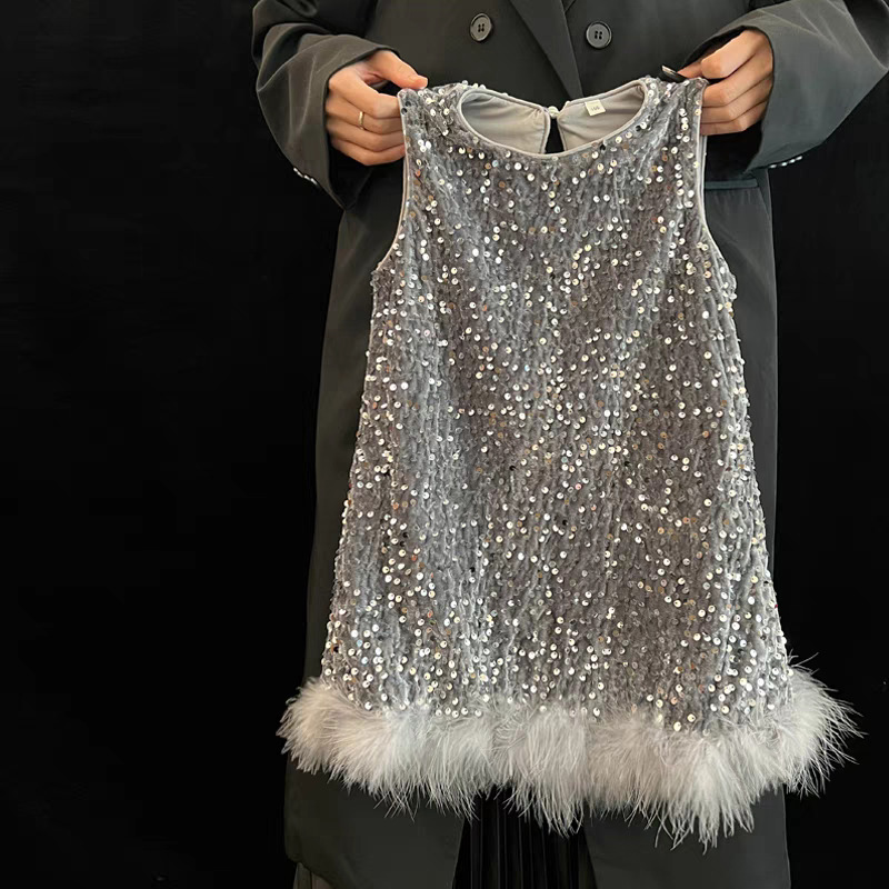 Ropa de marca infantil 2025 primavera nuevo vestido de niña niño de alta sensibilidad chaleco de plumas vestido vestido princesa