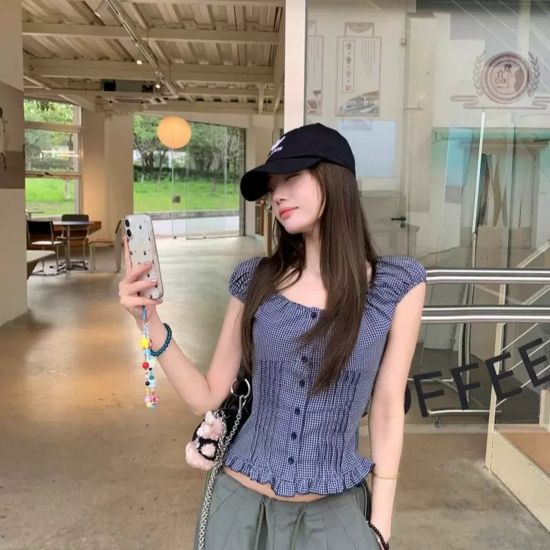 韩系复古格纹方领泡泡袖衬衫女夏设计感小众独特别致短款小衫上衣