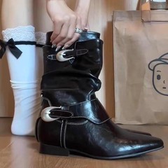 北欧秘境~金属扣堆堆靴户外粗跟沙漠西部短靴女2025年新款马丁靴