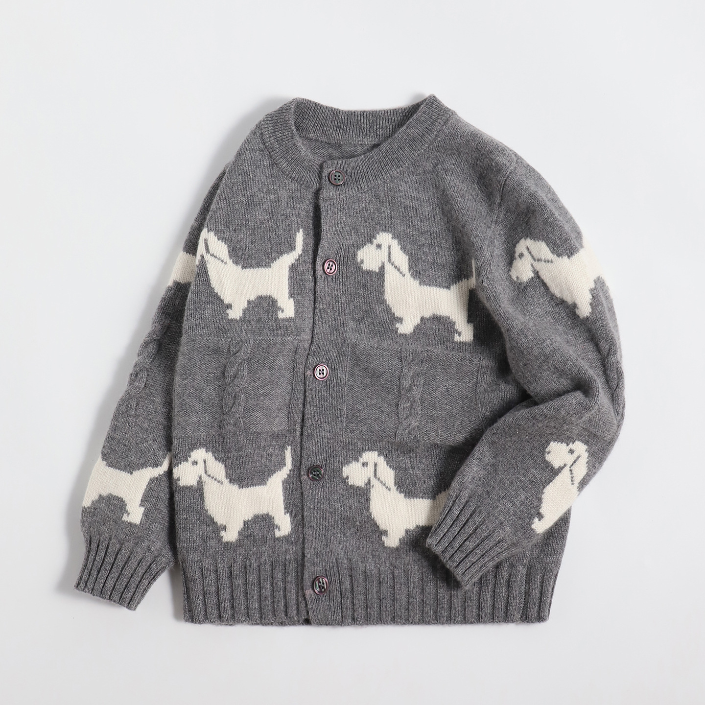 小羊跳跳 童装冬季厚款满印小狗开衫男女儿童羊绒衫休闲百搭潮范