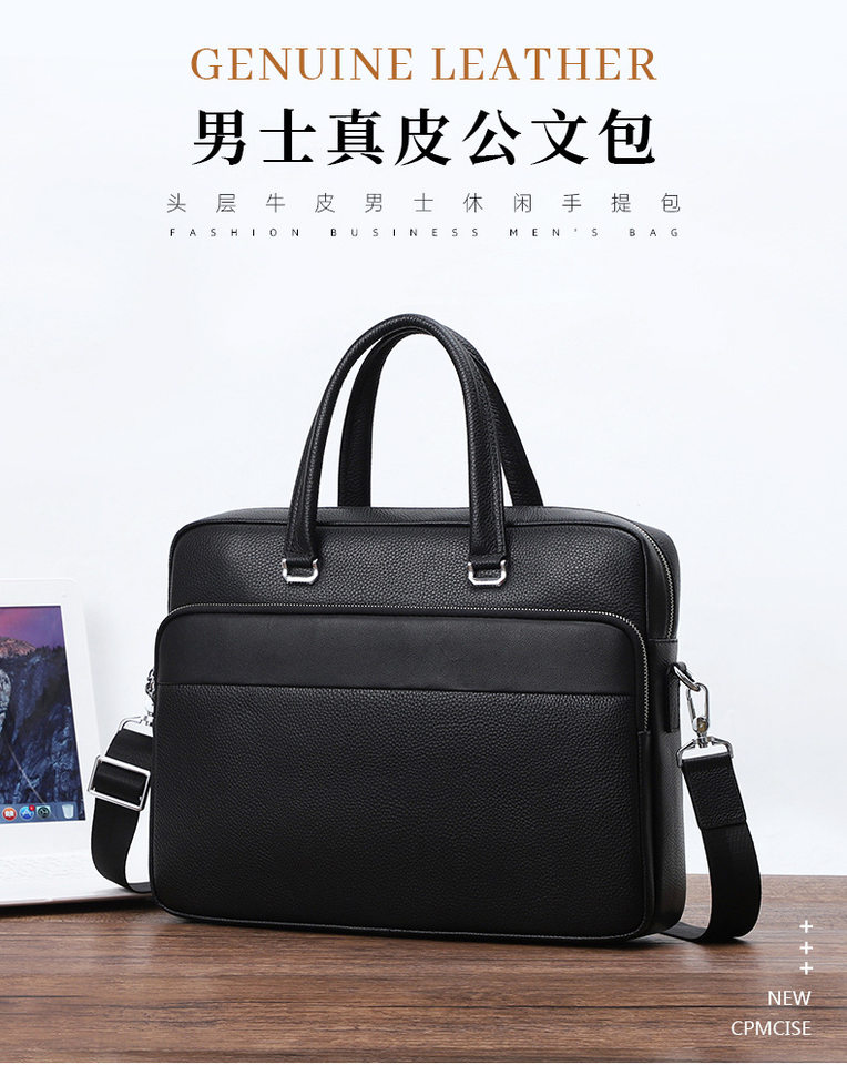 Túi xách tay nam da bò thật 39×9×29 cm đựng laptop 15 inch, túi công sở đeo chéo một vai — Màu đen chi tiết 1