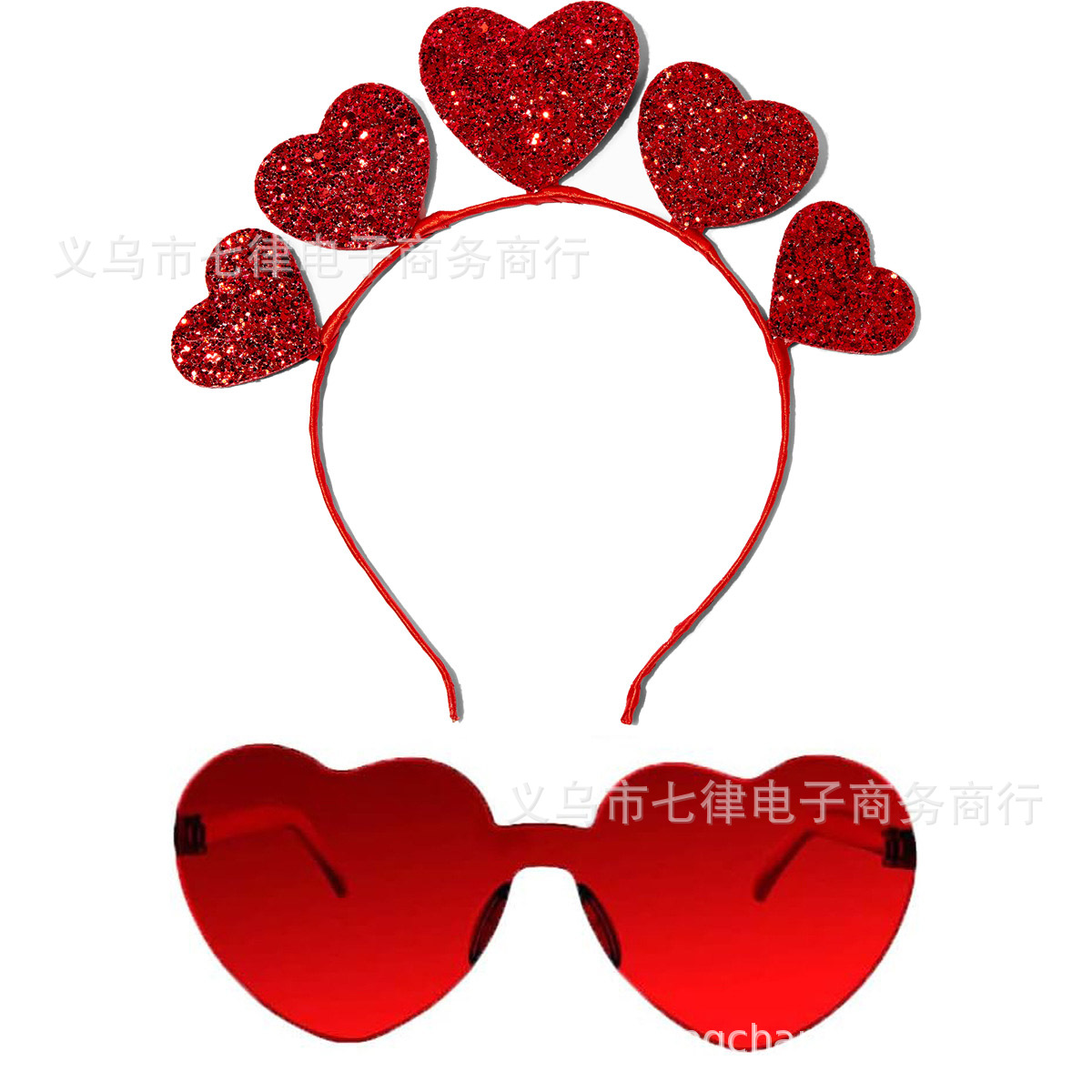 Día de San Valentín en forma de corazón diadema brillo cabeza hebilla gafas rojas en forma de corazón conjunto de dos piezas fiesta melocotón corazón lentejuelas diadema