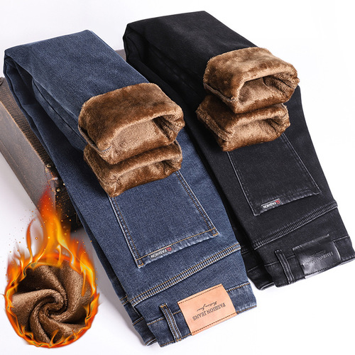 Men's Warm Fleece Thick Straight Leg Jeans for Autumn/Winter 2025 Trend Brand Long Pants