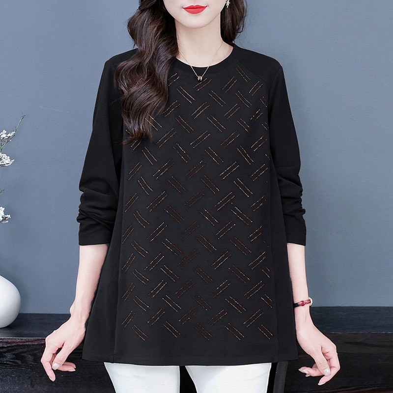 Autumn and Winter slimming loose elastic light mature jacquard brushed long-sleeved bottoming shirt T-shirt top middle-aged and elderly women's clothing