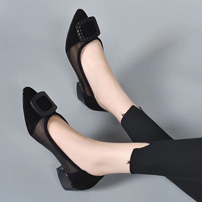 Giày lười nữ mũi nhọn da lưới thoáng khí, xỏ chân tiện lợi, gót 3 cm — Gót đen cao 3 cm