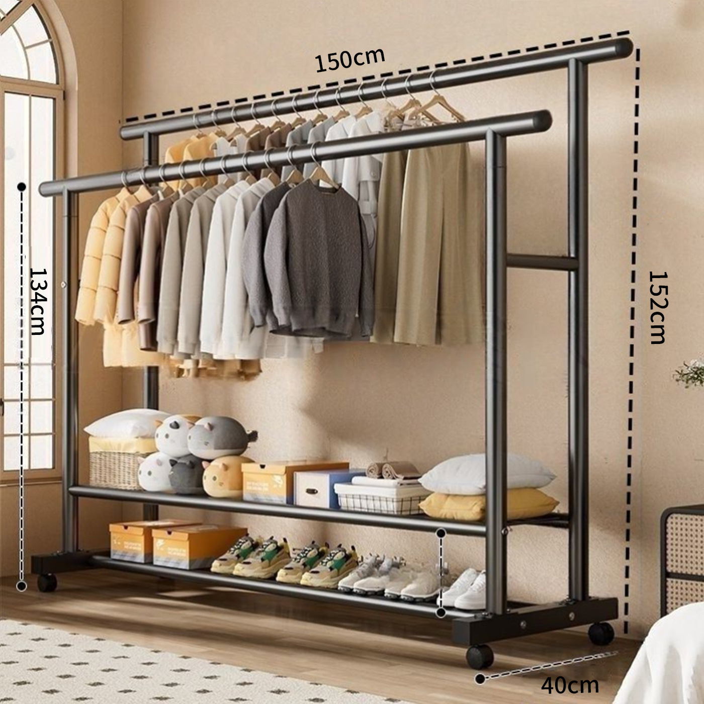 [모든 금속이 두꺼워지고 두꺼워졌습니다] 길이 150cm 이중 극 이중층 - 검정색 + 바퀴