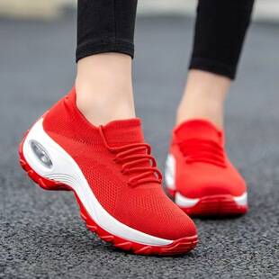 2023 Air Cushion Women's Shoes Thick-Soled Rocking Shoes Women's Sports Casual Lightweight Flyknit Height-Increasing Shoes Cross-Border Breathable Height-Increasing Shoes
