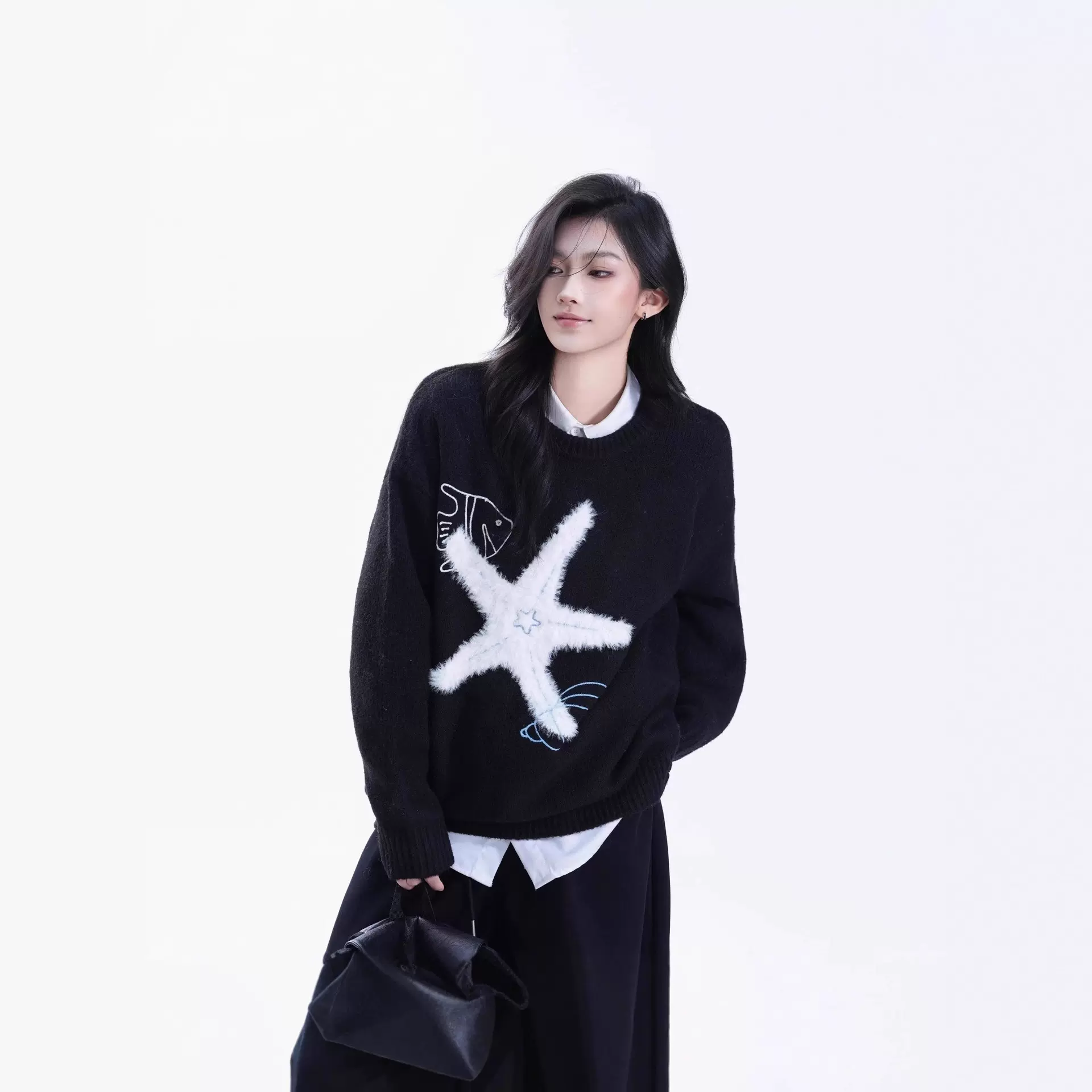 撞色卡通海星刺绣套头毛衣情侣款秋冬新款韩版宽松慵懒风针织上衣