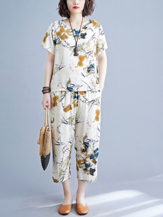 Chinese Style Cotton Silk Fashion Suit Women's Summer Short-Sleeved Cropped Pants Two-Piece Set Large Size Middle-Aged and Elderly Home Clothes for Outer Wear