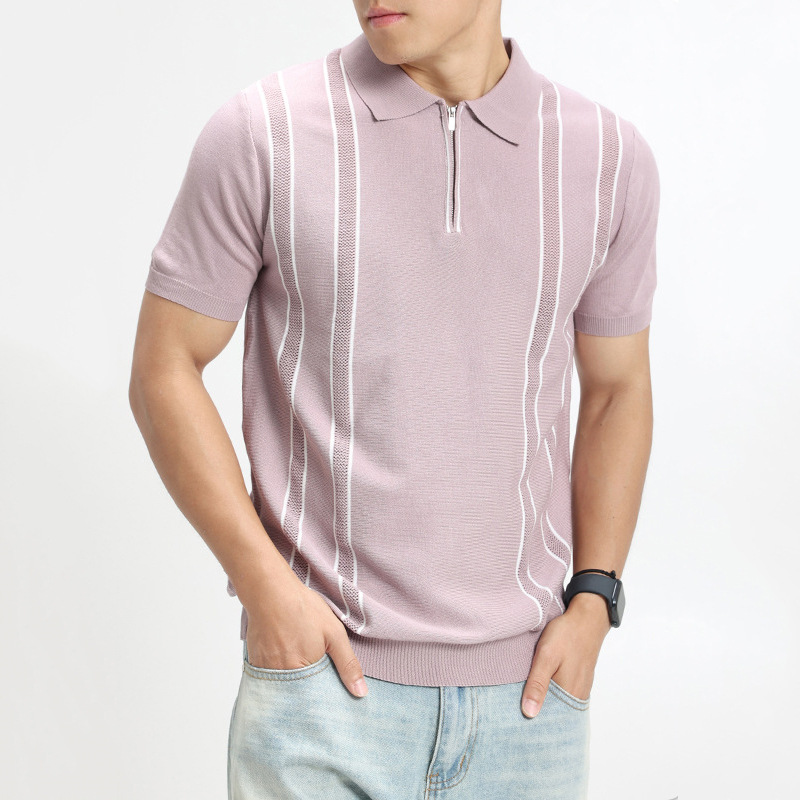 Polo camiseta camiseta de punto camiseta de manga corta camiseta de hombre solapa media cremallera rayas viejas líneas de viento de hielo de verano fábrica transfronteriza al por mayor