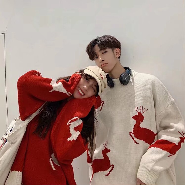 Elk Long-sleeved Sweater Men's Loose Round Neck Sweater Hong Kong Style Trendy Brand Fashionable Couple's Fresh Christmas Base Shirt