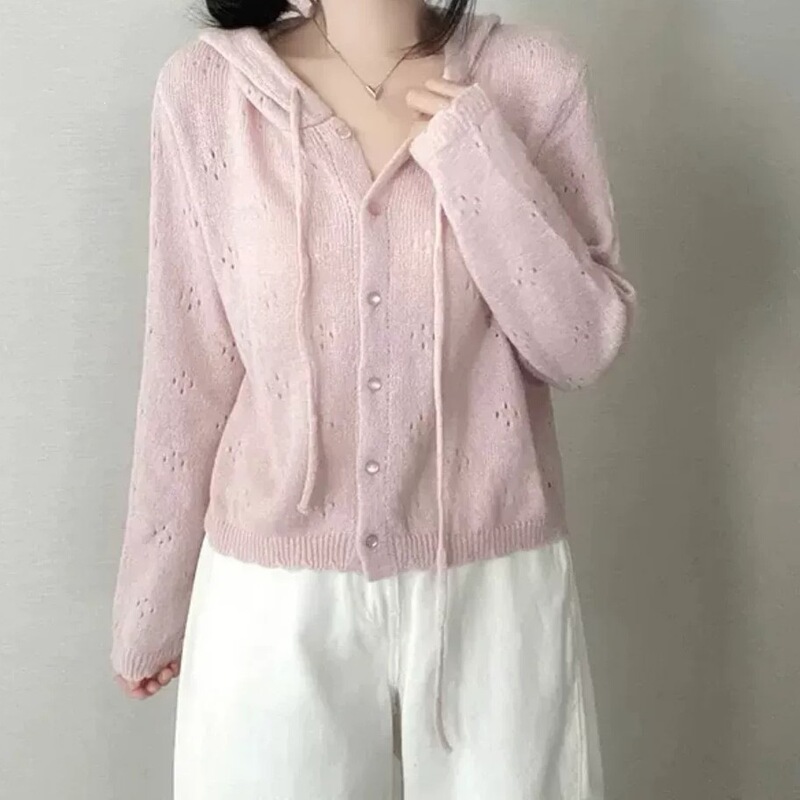 Women's Summer Hooded Hollow-Out Knit Cardigan, 2026 New Casual Long-Sleeve Top, Solid Color Hollow-Out Women's Jacket
