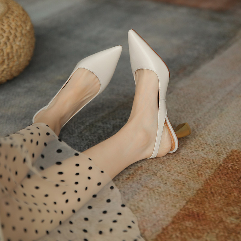 Huiyang French retro Baotou sandals women's medium heel soft leather stiletto high heels pointed toe summer new style_vogarts.com