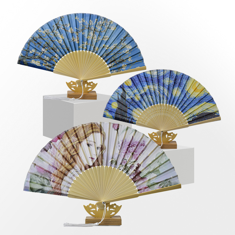 En stock dos verde stock plana Europea famosa pintura cielo estrellado de las mujeres ventilador seda 21cm hueso recto