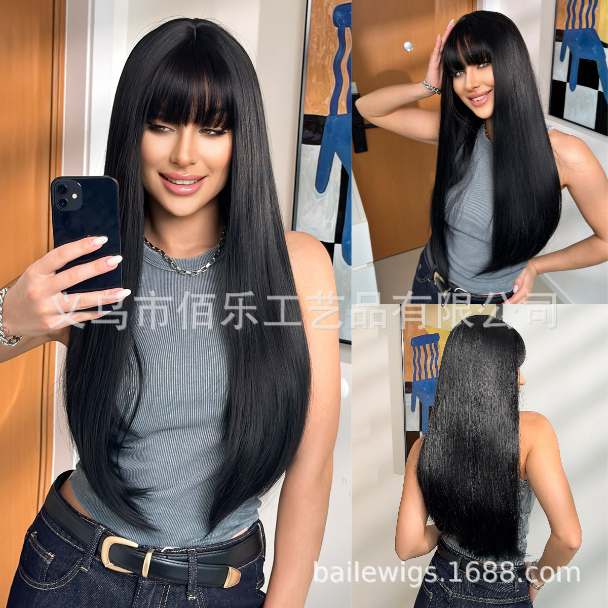 Peluca de venta caliente transfronteriza, negra, con flequillo completo, cabello largo y liso, cobertura completa, seda de alta temperatura, fabricante, pelucas al por mayor
