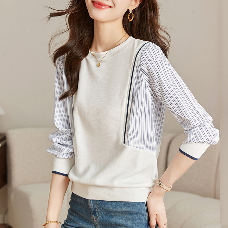 假两件长袖女士针织衫春季2025新款宽松显瘦上衣百搭条纹T恤ins潮