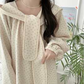韩国ins女士冬季围脖帽子加厚夹丝棉印花家居服开衫睡衣睡裙批发