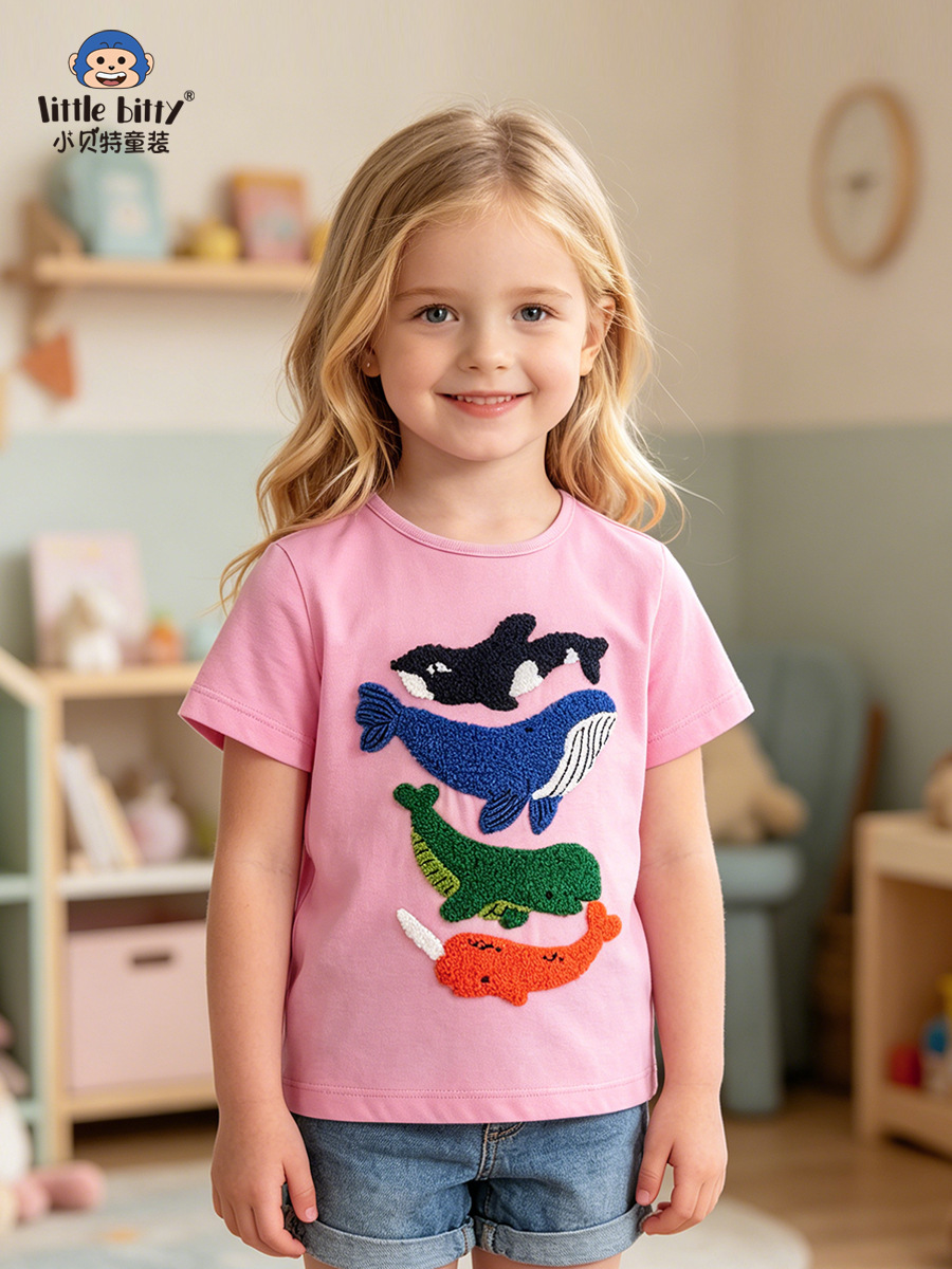 Cross-Border Supply 2026 Spring/Summer Children's Short-Sleeve T-Shirt with Cartoon Whale Towel Embroidery, Round-Neck Girls' Base Shirt