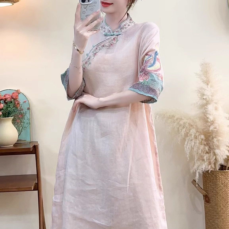 Cotton and Linen Mid-Length Mid-Sleeve Stand-Up Collar Buttoned New Chinese Style Top Summer New Versatile Literary Retro Plus Size Women's Clothing