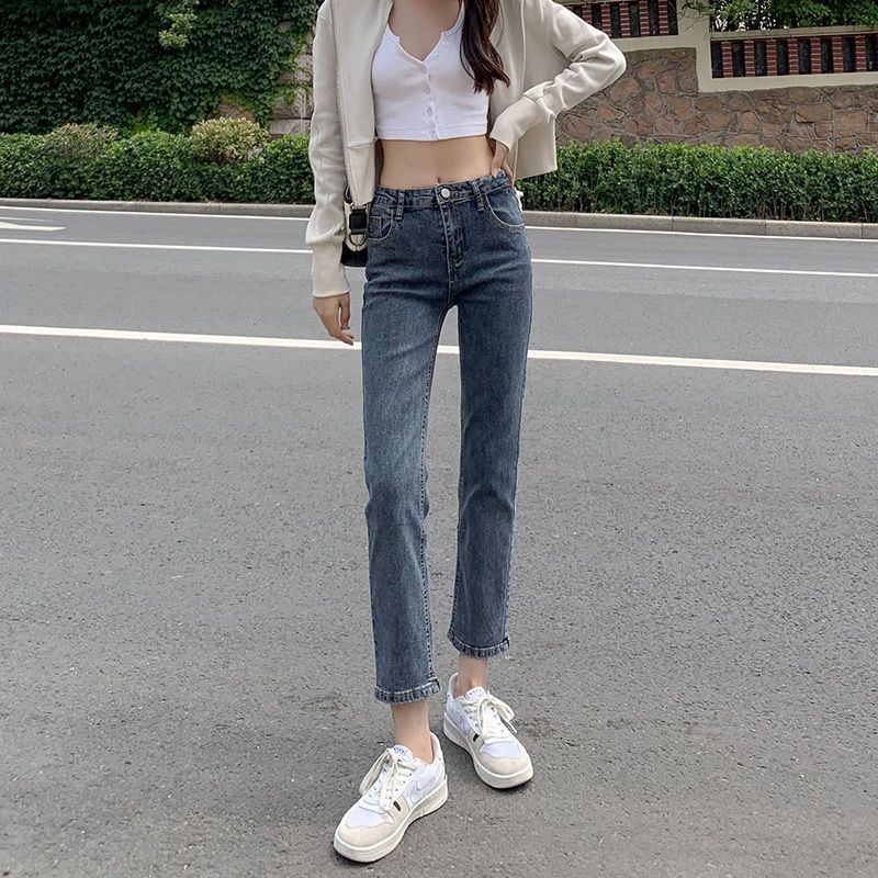 春秋新款小个子蓝灰显瘦八九分直筒牛仔裤女学生宽松韩版高腰阔腿