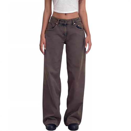American retro low waist non-elastic wash straight jeans for women in autumn new street wide-leg denim women's pants