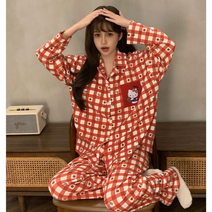 日系卡通睡衣女春秋季新款棉绸波点腊肠狗长袖大码网红家居服套装|undefined
