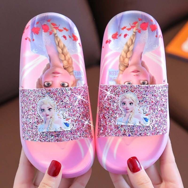 Elsa Princess Slippers for 3 to 6-year-old children, summer fashion children's sequin sandals, indoor home soft-soled girls' foot measuring device