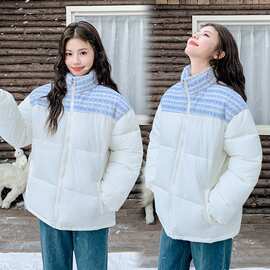 小香风拼接棉服外套女秋冬季新款学生加厚棉袄保暖立领面包服棉衣