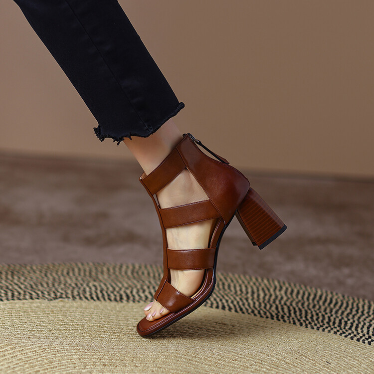Cowhide Retro Thick Heel High-Top Hollow Sandals for Women Summer Large Size Open-Toe Roman Sandals for Women High-Heeled Small Leather Shoes for Women