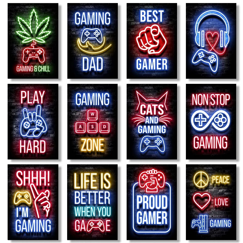 Neon Game Player Wall Poster Game Player Canvas Drawing Kids Boy Room Decoration Game Core