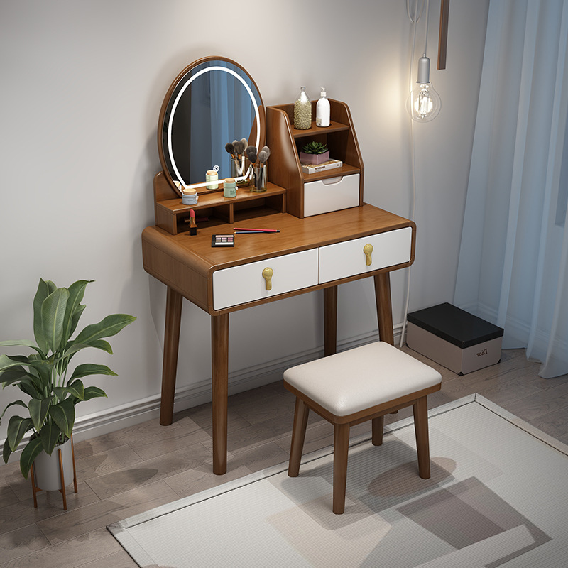 Tocador de Dormitorio Moderno y Minimalista de Madera Maciza, Modelo 2023, Multifuncional con Bandeja Giratoria, Tocador de Maquillaje de 70 cm