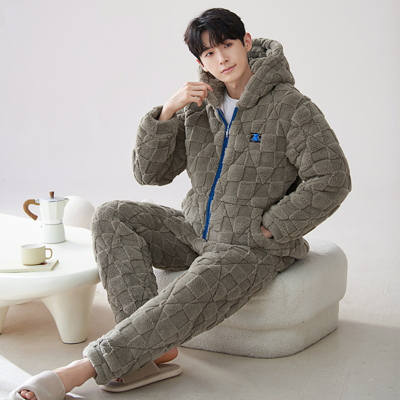 Pijamas de hombre invierno coral polar engrosado forrado de lana de tres capas de algodón acolchado chaqueta otoño e invierno cálido invierno ropa de casa súper gruesa