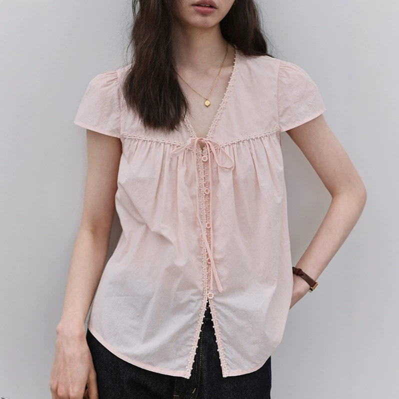 "Mustard Pie Vooe" Pink V-Neck Lace Pleated Shirt for Women, New Summer Style, Sweet Pure Cotton Top with Ties