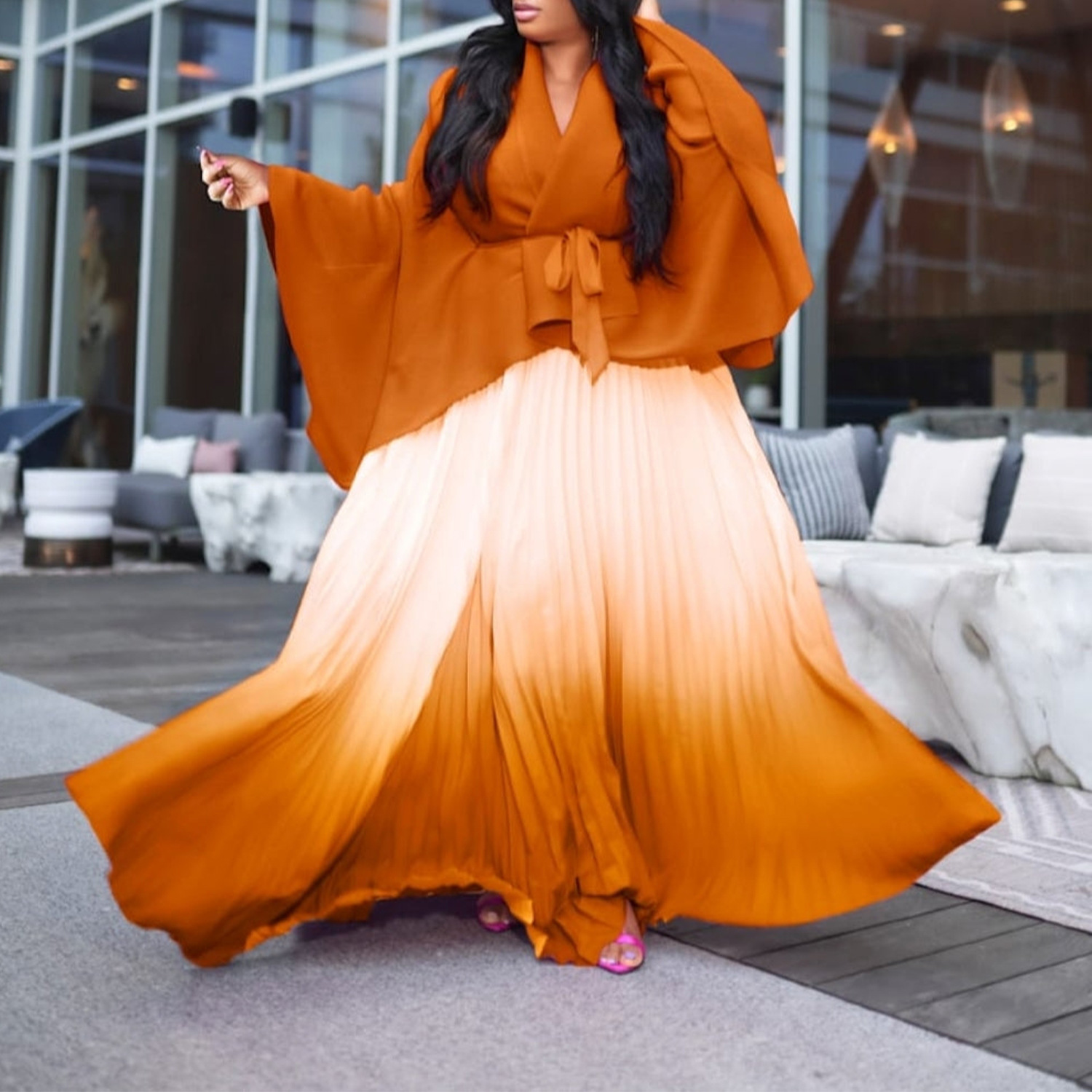 Women's Clothing pleated irregular lace up top gradient skirt suit two piece suit_voghion.com