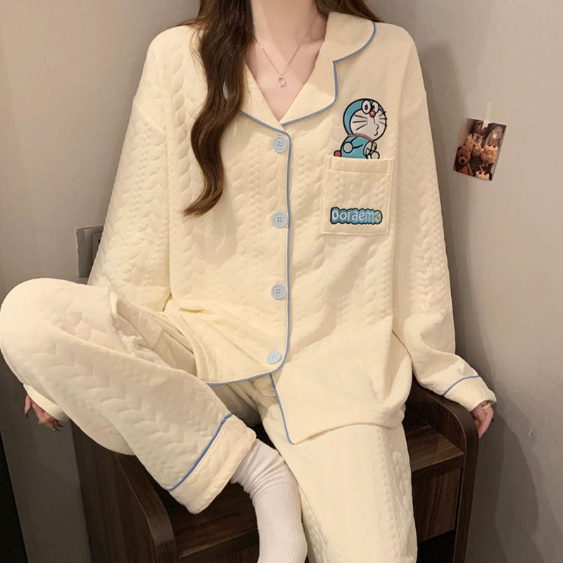 Japanese-Style Doraemon Ins Air Cotton Layered Pajamas for Women, Autumn and Winter Long-Sleeve Cardigan Cartoon Cute Loungewear Set Japanese-Style Doraemon Ins Air Cotton Layered Pajamas for Women, Autumn and Winter Long-Sleeve Cardigan Cartoon Cute Loungewear Set