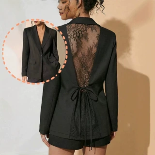 欧美跨境2026新款女士小西装高级感薄款蕾丝透视绑带收腰西装外套