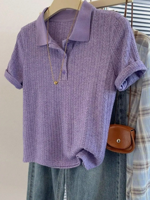 Áo thun polo nữ tay ngắn phong cách Hàn Quốc, chất liệu lạnh mùa hè, form vai vuông, màu tím — màu đen