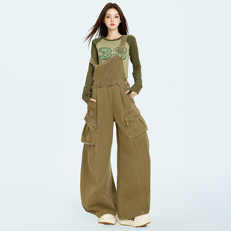 美式复古工装风牛仔背带裤女2025新款韩版时尚气质宽松阔腿连体裤|undefined
