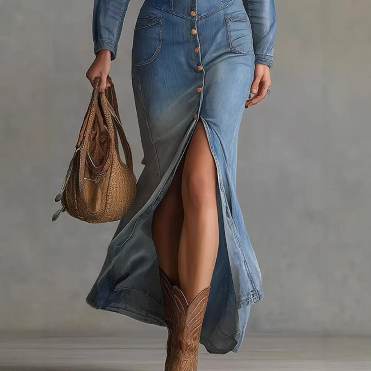 Women's Clothing Women's Elegant Fashionable Long Denim Dress Style Unisex V Neck Solid Color Casual Maxi Skirt_ecoleips.com
