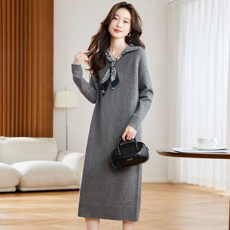 Polo collar knitted dress for women, autumn and winter, elegant, suitable for pairing with a coat and scarf, mid-length, over-the-knee sweater base dress Polo collar knitted dress for women, autumn and winter, elegant, suitable for pairing with a coat and scarf, mid-length, over-the-knee sweater base dress